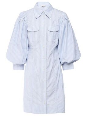 Ganni Light Blue Striped Puff-Sleeve Shirt Dress